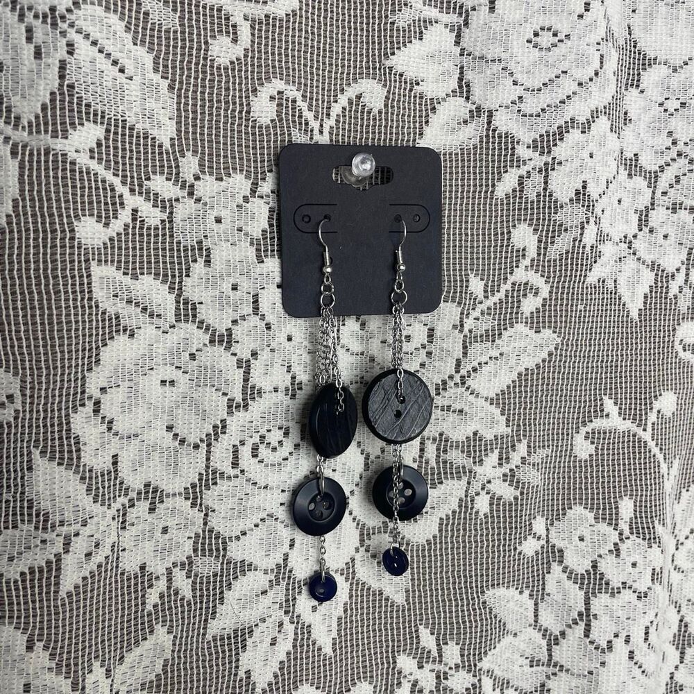 Whimsigoth Black Button Chain Dangle Earrings